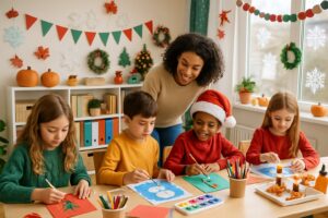 Children and a teacher engaged in holiday-themed homeschool activities in a decorated classroom.