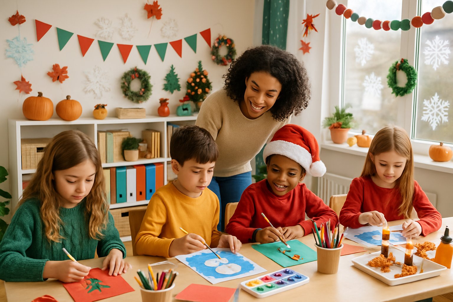 Children and a teacher engaged in holiday-themed homeschool activities in a decorated classroom.
