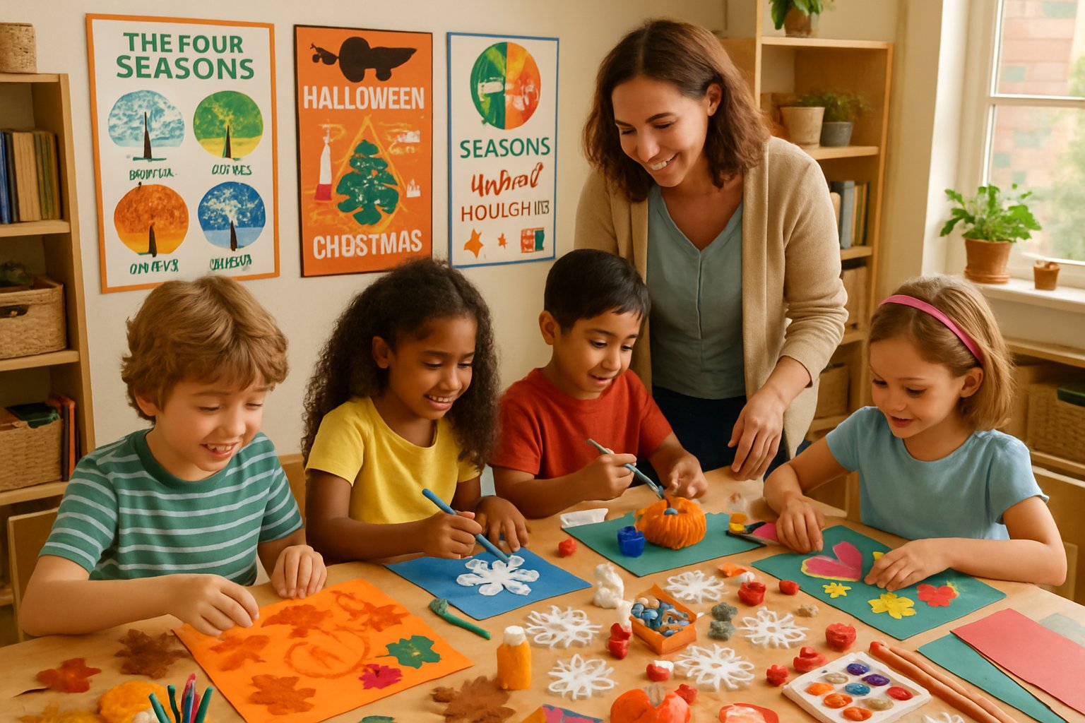 Children and an adult working on seasonal and holiday-themed craft projects together at a table in a bright classroom.