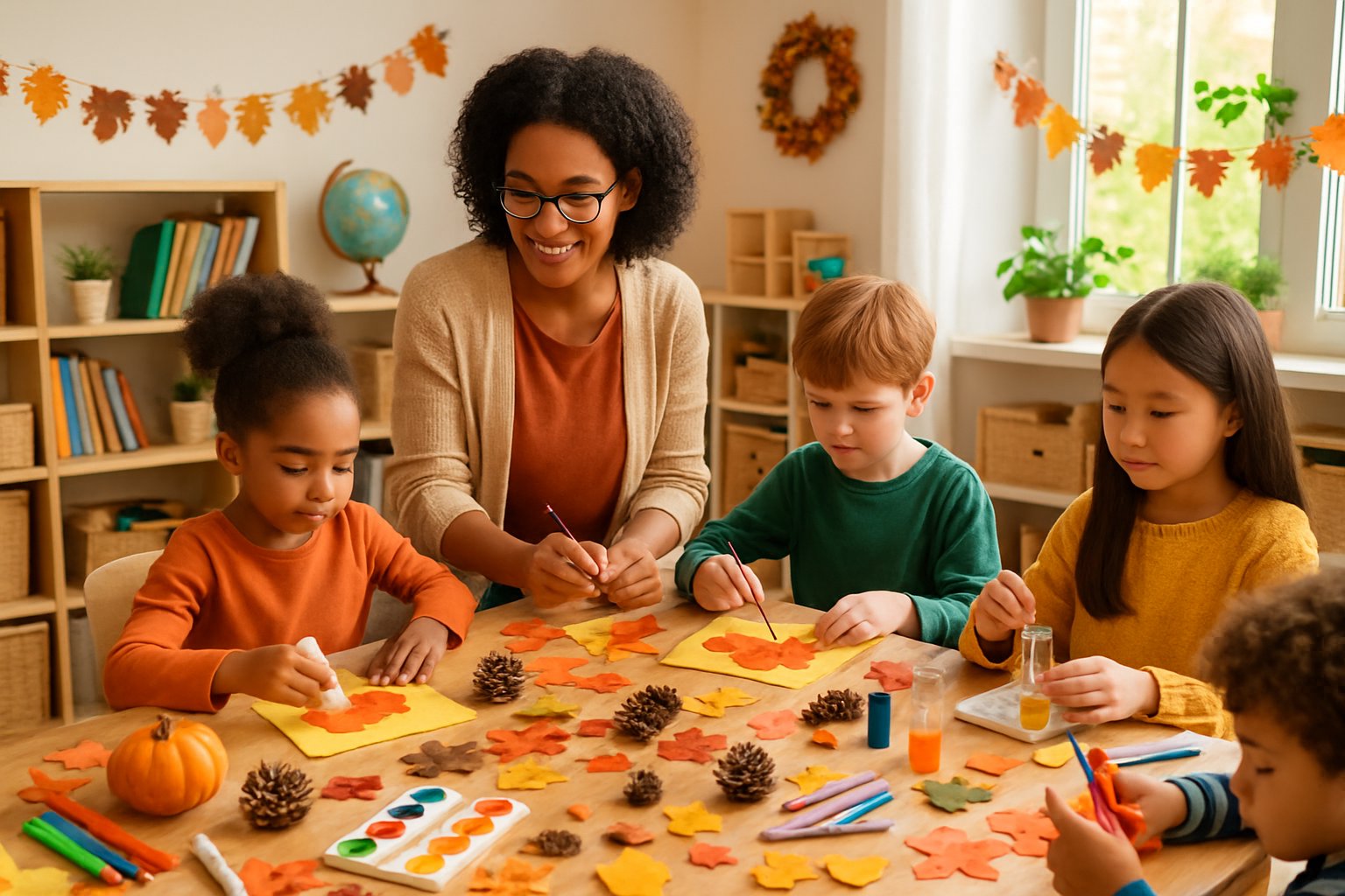 Children and a teacher working together on seasonal craft projects at a table filled with art supplies and natural materials in a bright homeschool classroom.
