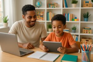 A parent and child learning together with a laptop and tablet at a wooden table in a bright homeschool classroom.