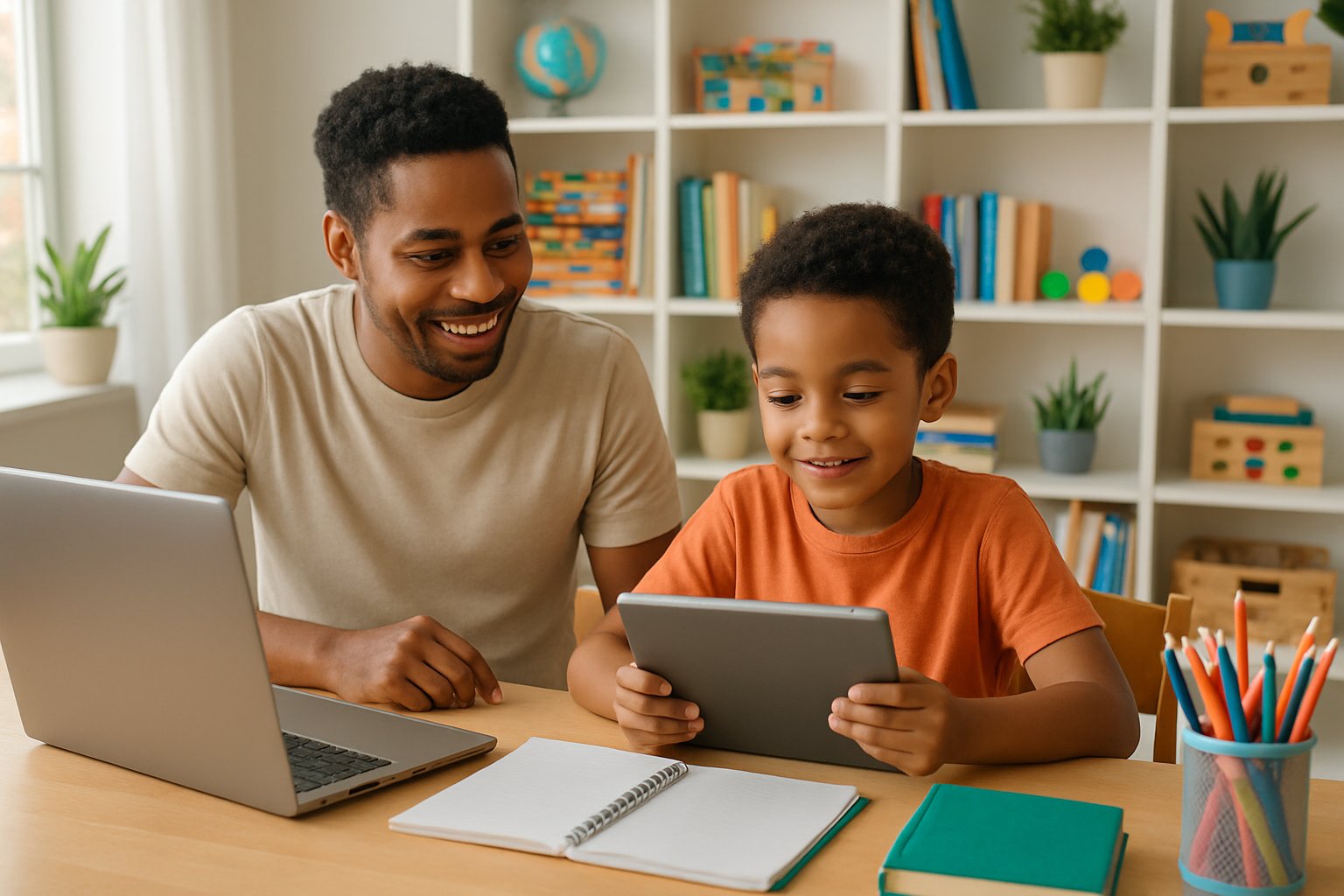 A parent and child learning together with a laptop and tablet at a wooden table in a bright homeschool classroom.