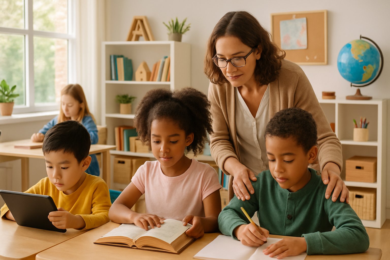 Children and an adult in a homeschool classroom using a tablet and reading books, surrounded by educational materials.