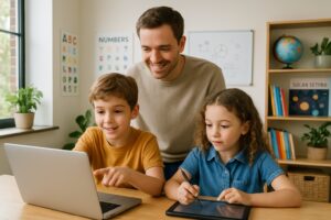 A parent and two children using a laptop and tablet together in a bright homeschool classroom filled with books and educational materials.