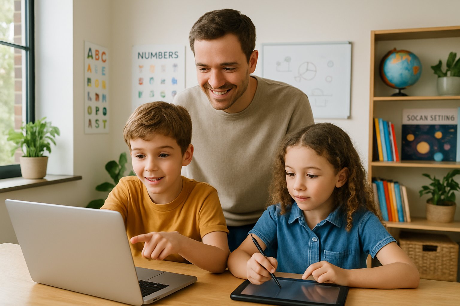 A parent and two children using a laptop and tablet together in a bright homeschool classroom filled with books and educational materials.