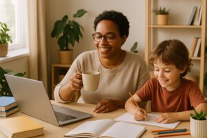A parent and child in a bright home workspace, with the parent smiling and the child engaged in a learning activity.
