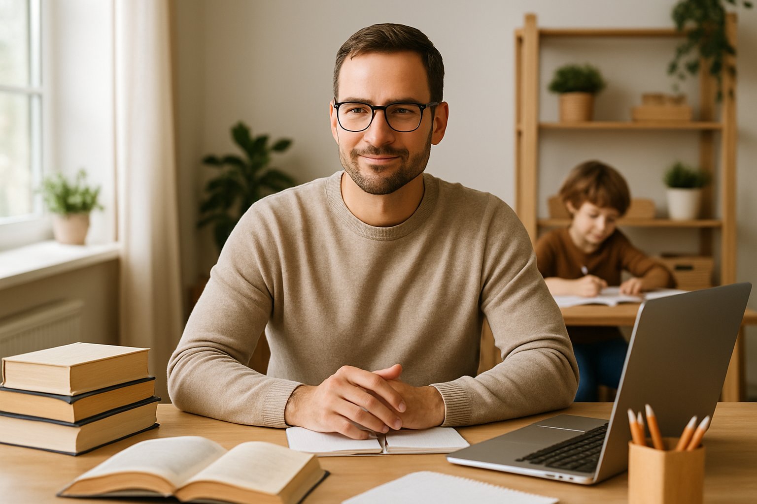A homeschooling parent working at a desk with educational materials while a child learns nearby in a bright home setting.