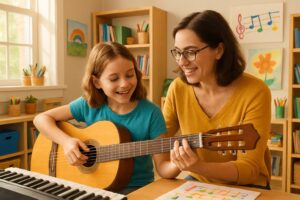 A parent and child in a bright room learning to play guitar together surrounded by books, art supplies, and musical instruments.
