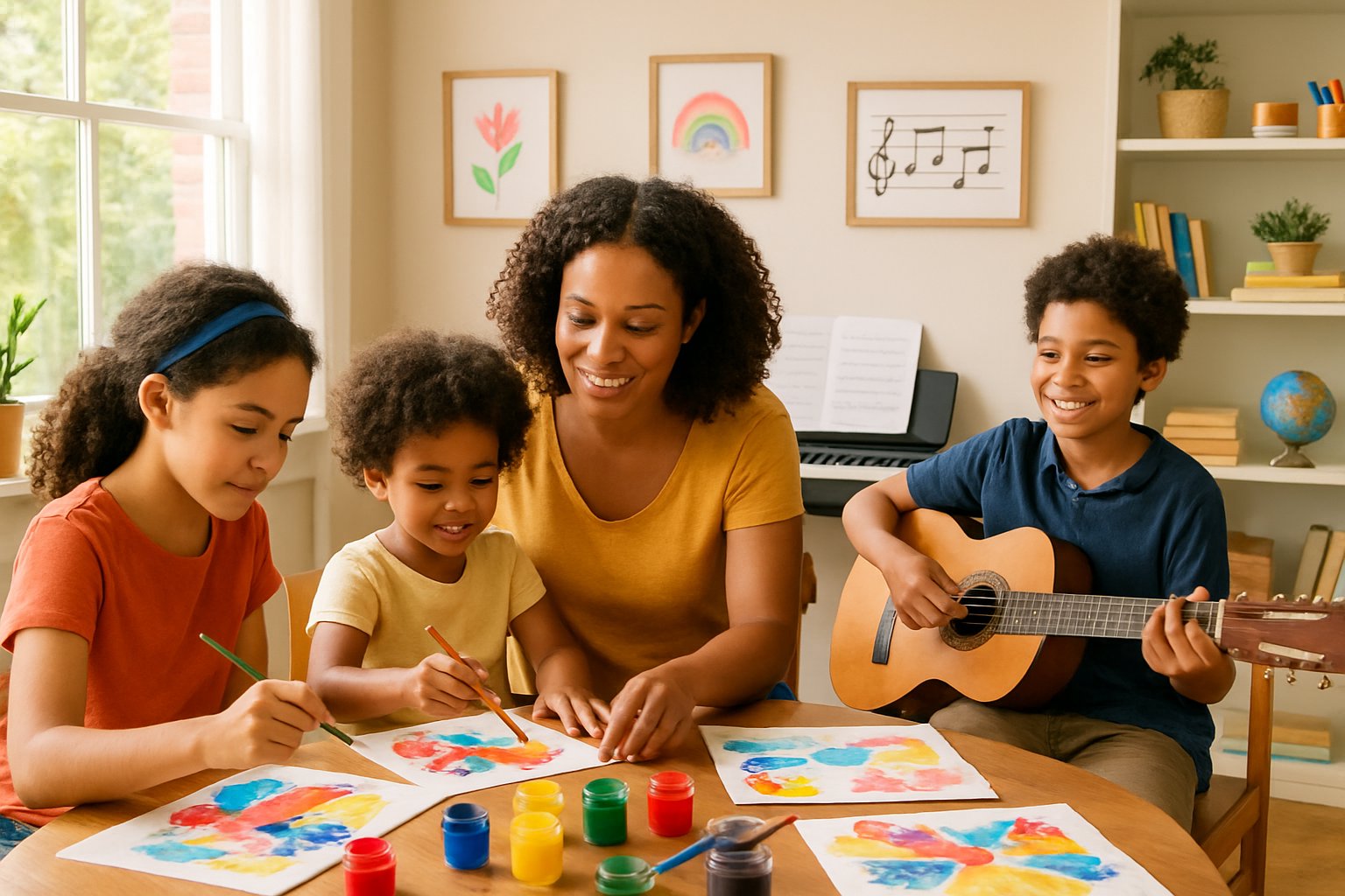 A family in a bright room doing arts and music activities together, including painting and playing guitar.