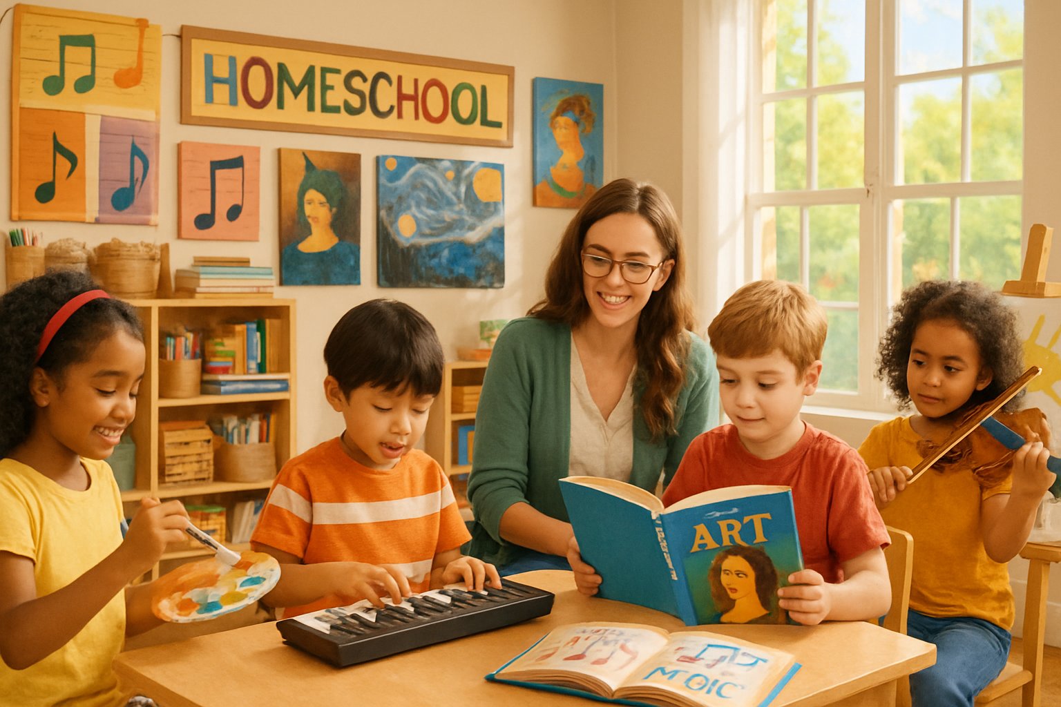 Children and a teacher in a homeschool classroom engaged in painting and playing musical instruments surrounded by art supplies and educational materials.