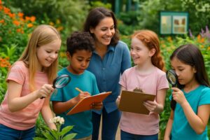 A group of children and their teacher exploring a botanical garden, examining plants and taking notes during an outdoor educational field trip.