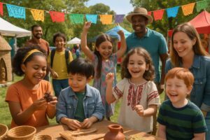 Children and parents participating in a colorful outdoor cultural festival with hands-on learning activities in a sunny park.
