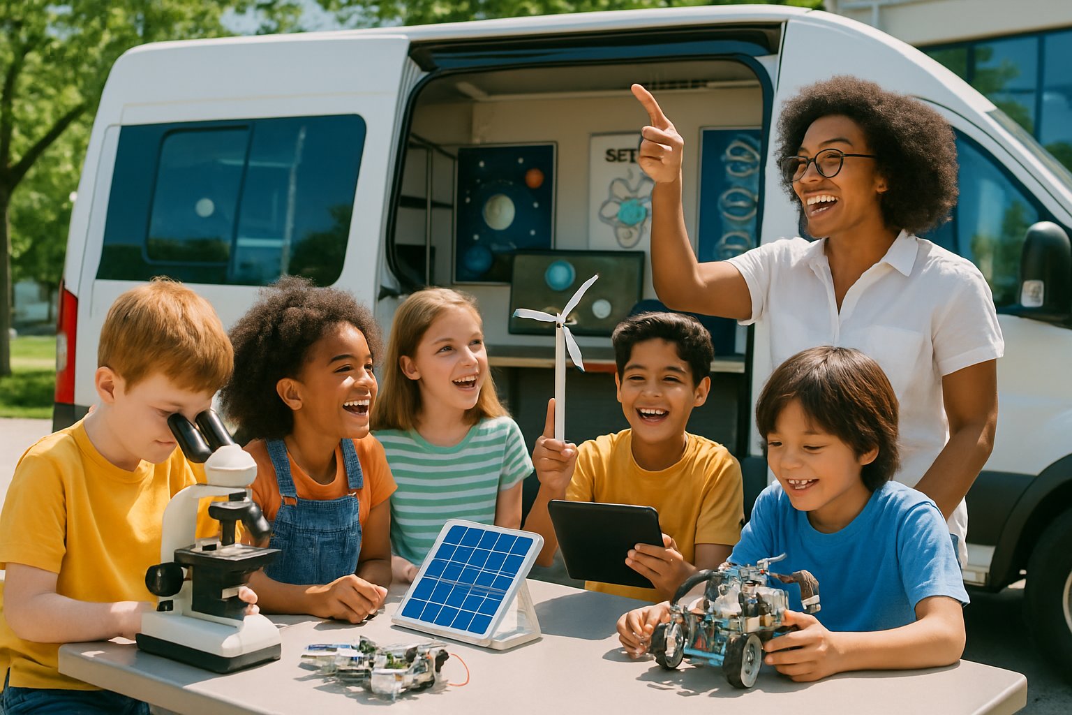 A group of children and their instructor exploring science and technology outdoors with hands-on tools like microscopes and robotics kits.