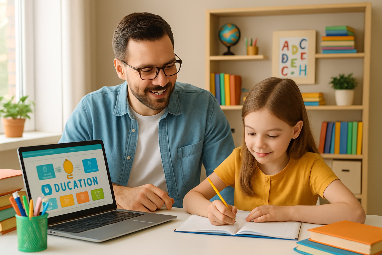A parent and child working together at a study table with books and a laptop in a bright home learning space.