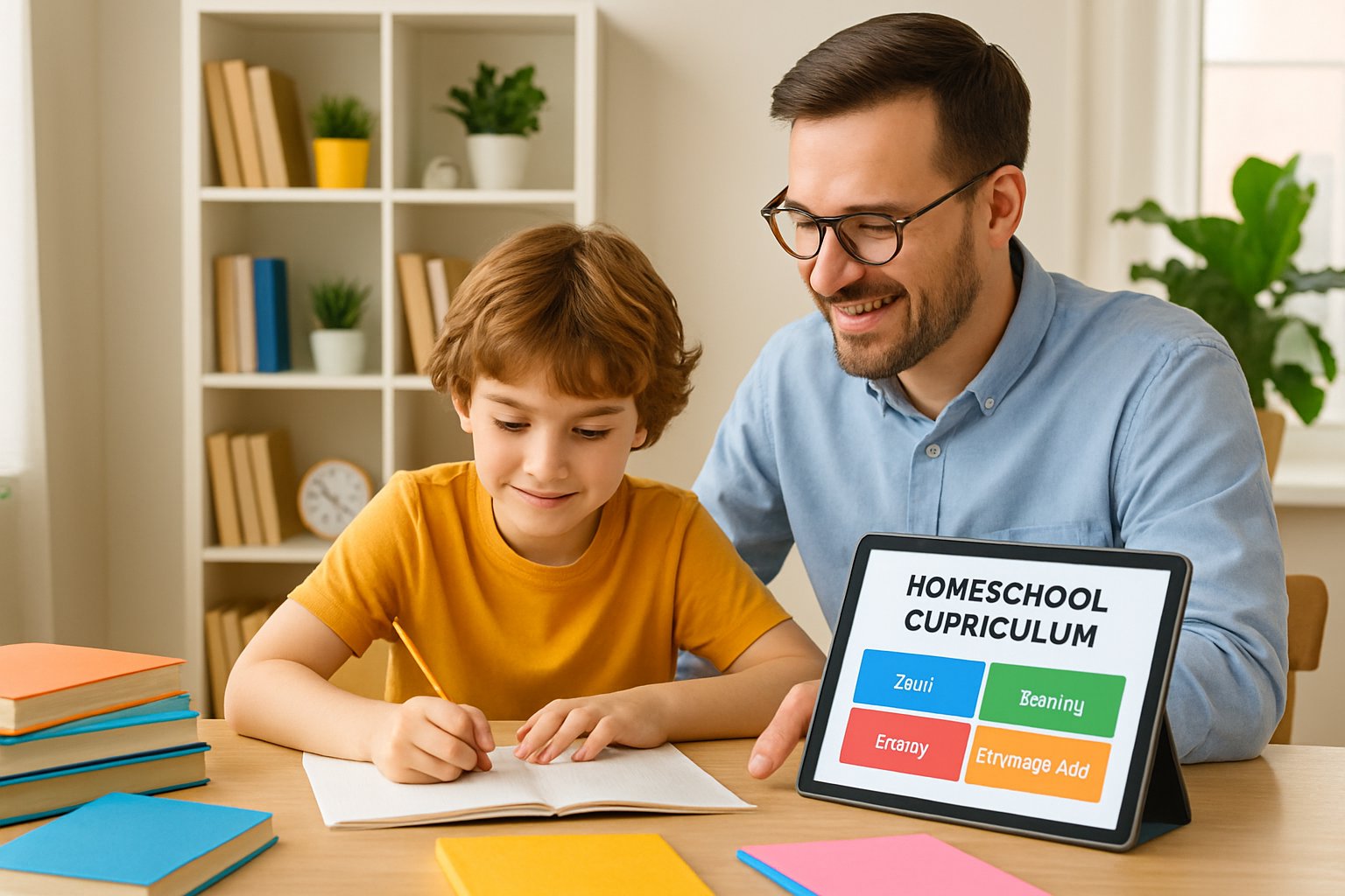 A parent and child working together at a table with books and a tablet in a bright home study area.