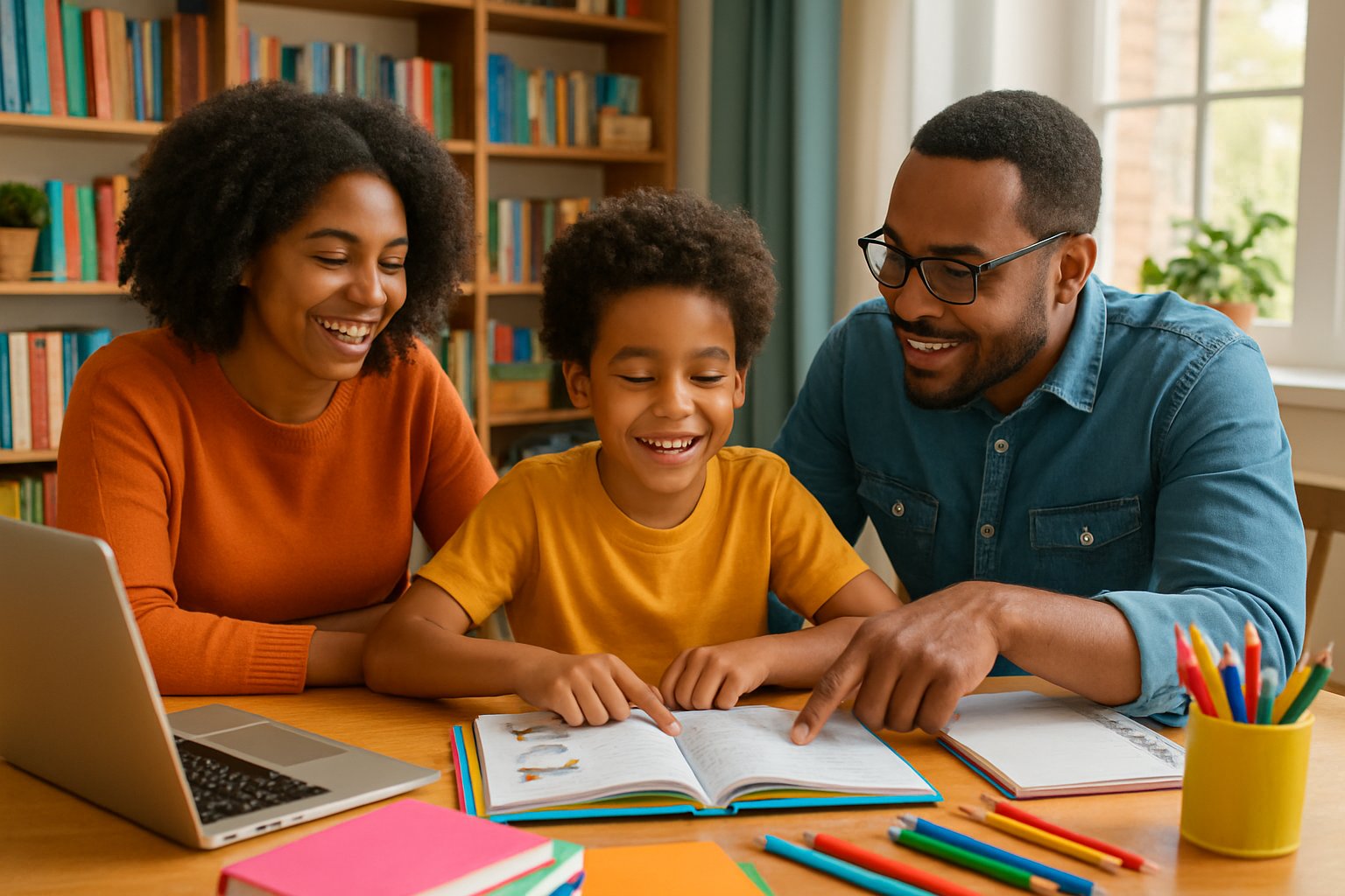 A family gathered around a table with educational materials, helping a child choose learning resources in a home setting.