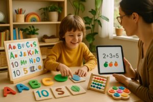 A child and an adult engaged in a homeschooling activity with colorful tactile learning materials on a table in a bright room.