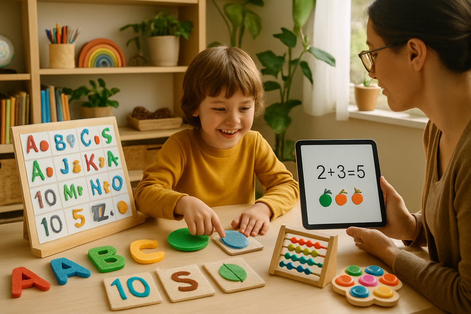 A child and an adult engaged in a homeschooling activity with colorful tactile learning materials on a table in a bright room.