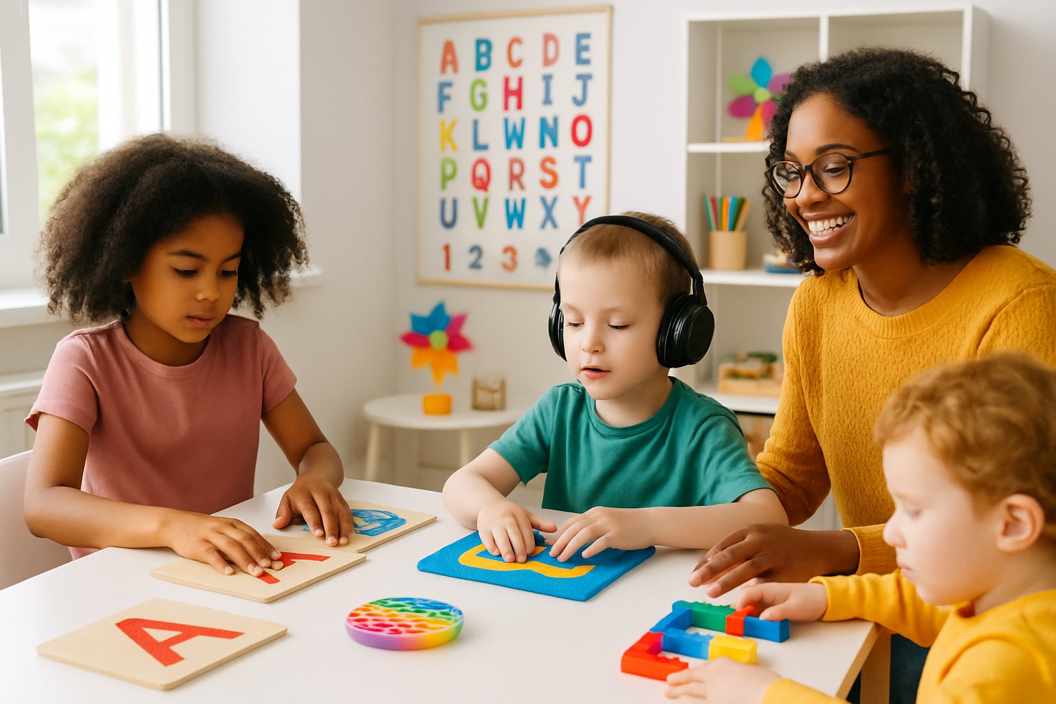 Children of diverse backgrounds engaged in hands-on learning activities with an adult in a bright homeschooling setting.