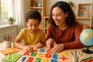 A parent and child engaged in a hands-on learning activity with colorful educational materials in a bright homeschooling room.