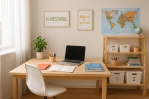 A bright and tidy homeschool study area with a desk, chair, school supplies, shelves with storage bins, and a window letting in natural light.
