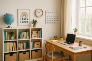 A well-organized homeschool room with a desk, bookshelves, educational materials, and natural light from a window.