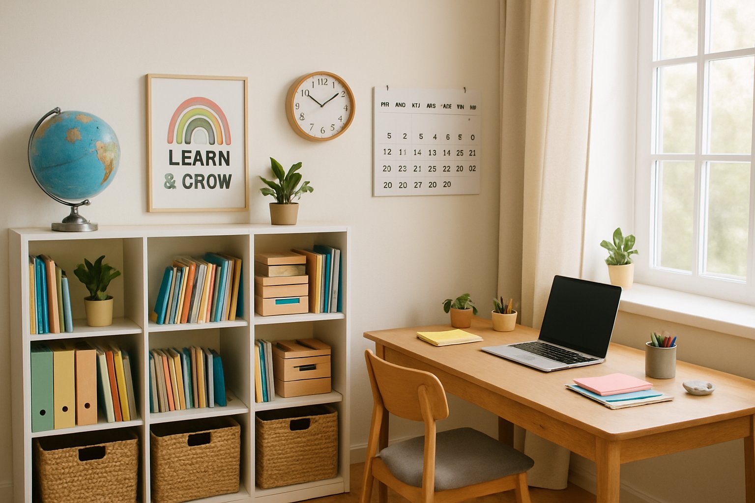 A well-organized homeschool room with a desk, bookshelves, educational materials, and natural light from a window.