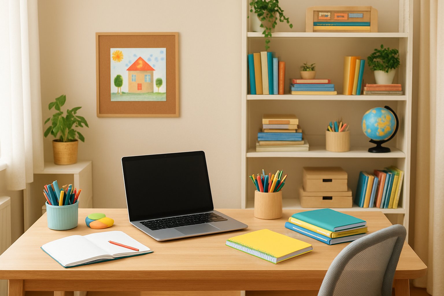 A well-organized homeschool room with a desk, chair, bookshelves, plants, and natural light from a window.