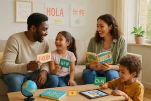 A family of diverse backgrounds learning foreign languages together at home using books, flashcards, and a tablet in a bright living room.