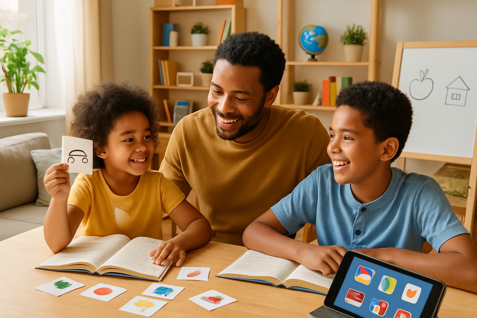 A family at home learning a foreign language together using books, flashcards, and a tablet in a bright, cozy room.