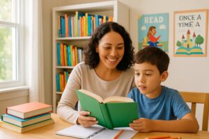 A parent and child reading a book together in a cozy homeschool room filled with books and learning materials.