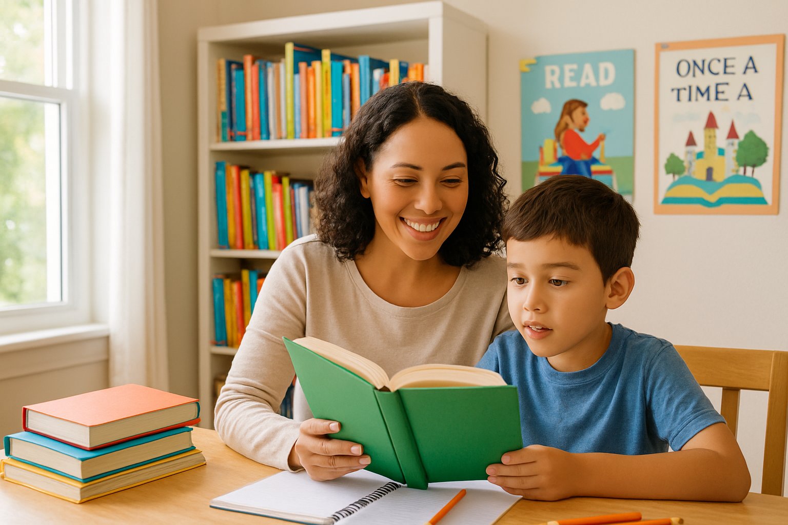 A parent and child reading a book together in a cozy homeschool room filled with books and learning materials.