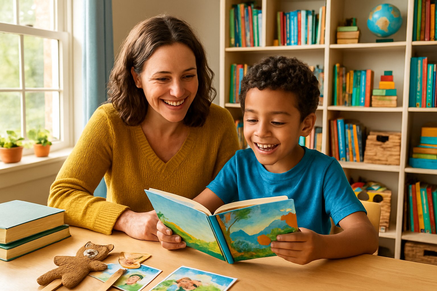 A parent and child reading a storybook together in a cozy homeschool room filled with books and learning materials.