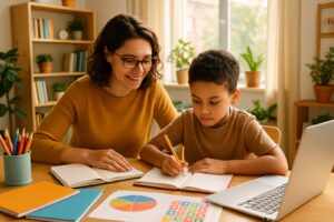 A parent and child studying together at a table in a bright home setting with books and learning materials.