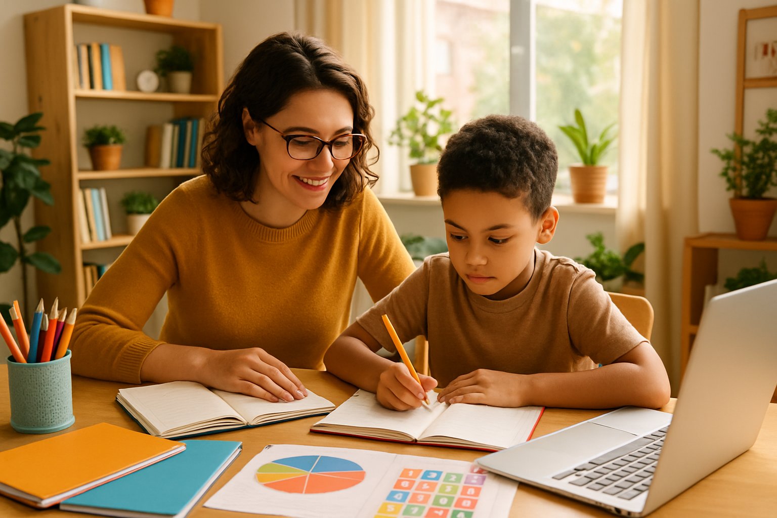 A parent and child studying together at a table in a bright home setting with books and learning materials.