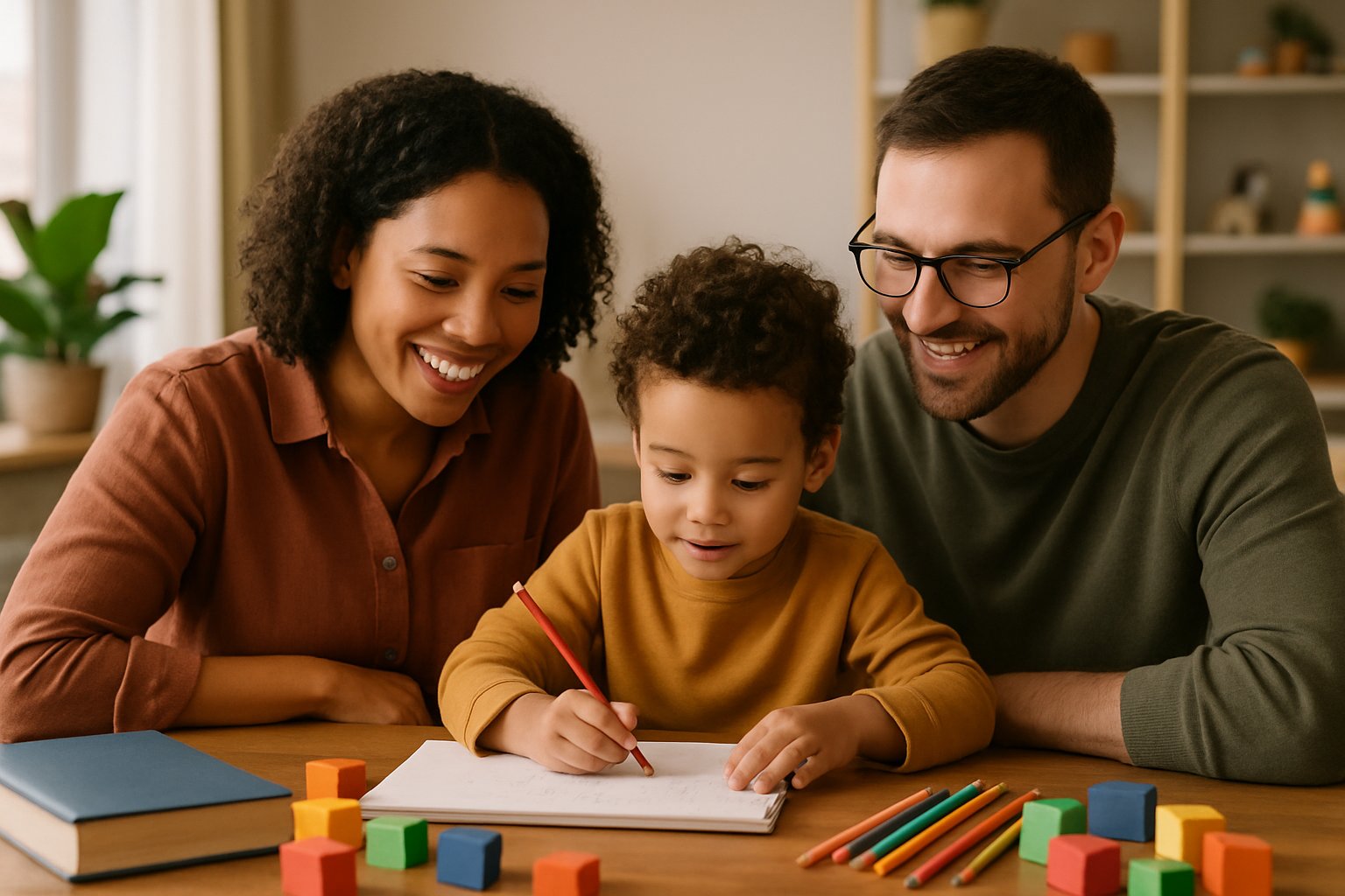 A mother and father sitting with their young child at a table, engaging in a learning activity together in a cozy home setting.