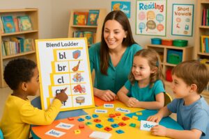 Teacher and young children gathered around a table with educational materials and a blend ladder chart, engaged in a reading activity.