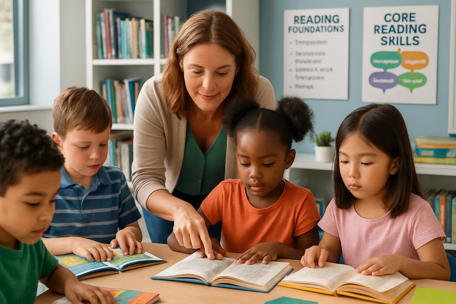 Children reading books at a table in a classroom with a teacher helping them.