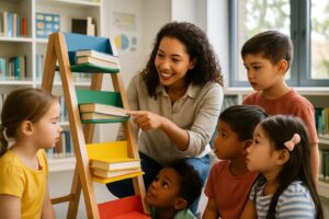 A group of young children and a teacher reading books together around a colorful ladder-like bookshelf in a bright classroom.