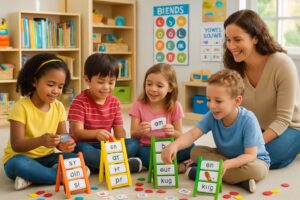 Young children playing with blend ladder learning tools while a teacher guides them in a bright classroom focused on early reading activities.