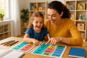 A parent and child working together at a table with educational charts and learning materials in a bright room.