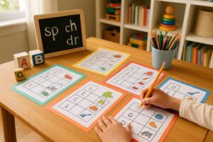 A child working with printable phonics blend worksheets on a table surrounded by educational materials in a bright homeschooling space.