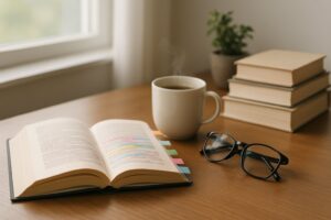 A wooden table with an open book marked by colorful sticky notes, reading glasses, a cup of coffee, and a small potted plant near a window with natural light.