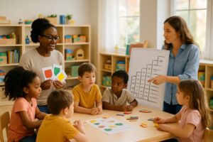 Young children and two teachers engaging in a classroom activity focused on learning words using charts and flashcards.