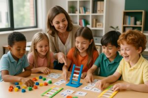 Young children and a teacher working together on hands-on phonics activities using educational materials in a bright classroom.
