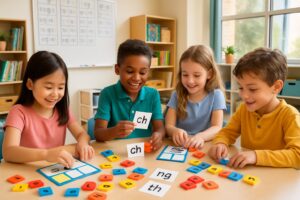 Young children working together with colorful educational materials to practice blending sounds in a bright classroom.