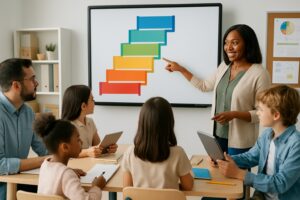 Teachers and students in a classroom interacting with a colorful chart illustrating steps of reading progress.
