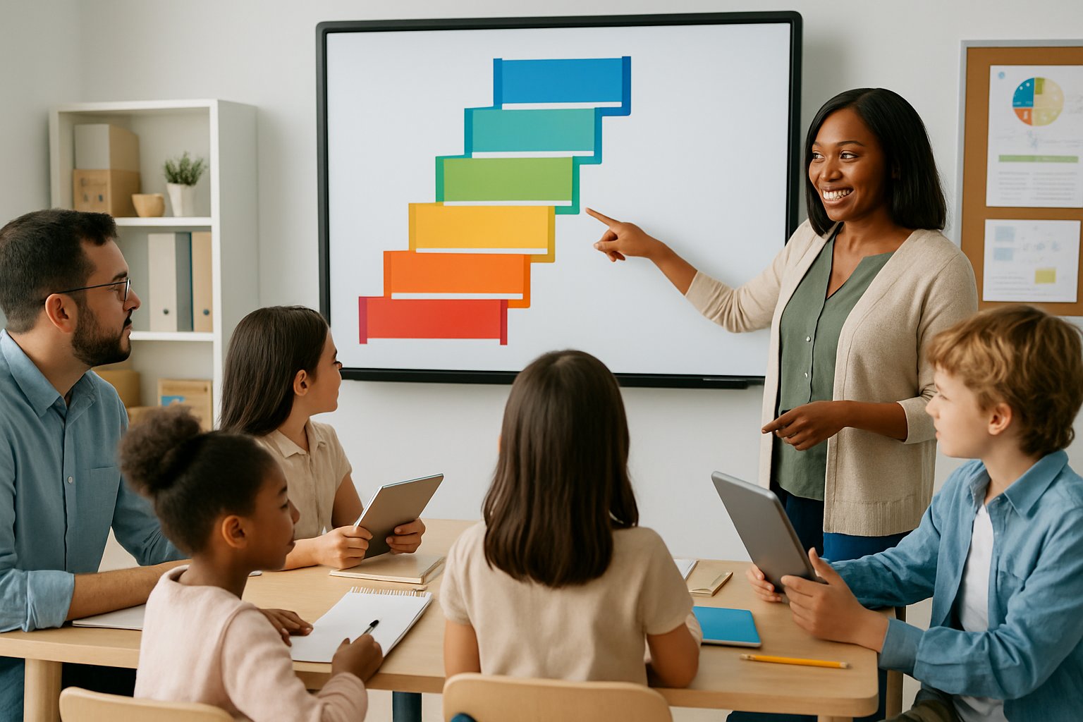 Teachers and students in a classroom interacting with a colorful chart illustrating steps of reading progress.
