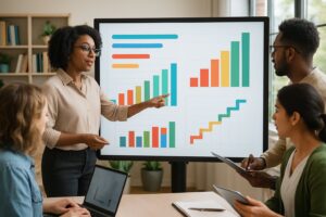 A group of educators collaborating around a digital touchscreen displaying colorful progress charts and ladder visuals in a bright classroom.