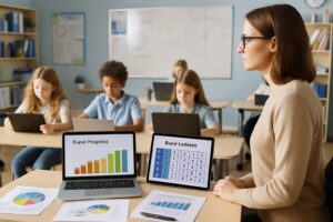A teacher observing students working on tablets in a bright classroom with charts and digital devices showing progress tracking tools.